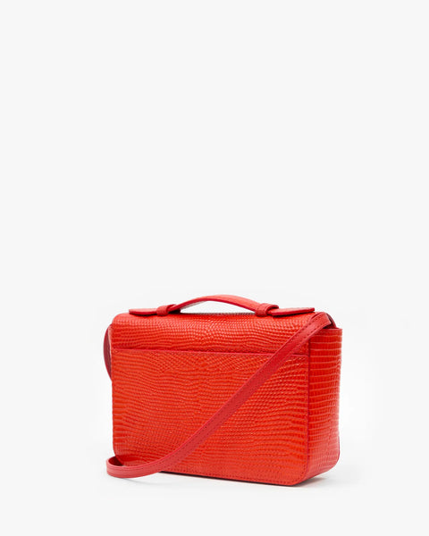 Clare V Kathryn Red Embossed Lizard Bag - Styled Shot Worn Crossbody Showing Adjustable Strap and Red Leather Statement Bag