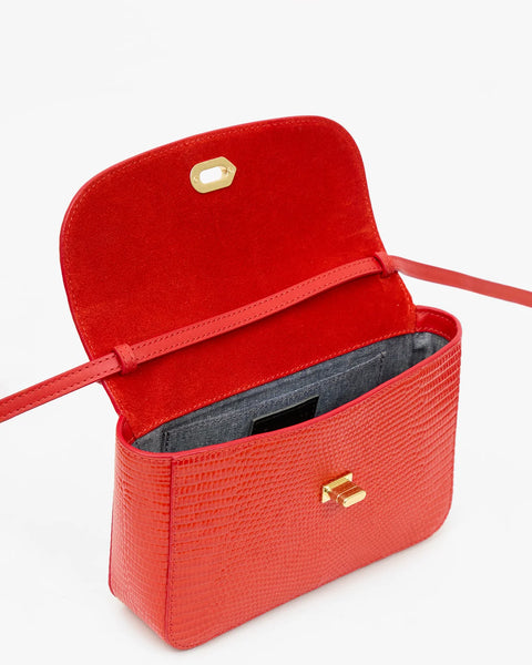 Clare V Kathryn Bag Red Lizard Leather - Interior Shot Showing Chambray and Red Suede Lined Interior
