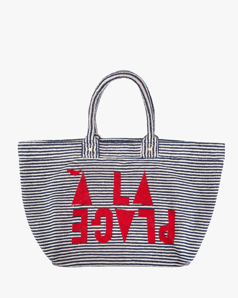 Clare V La Plage Tote in Deep Dive with Cream - Styled Beach Shot of Oversized Terry Cloth Carryall Summer Bag
