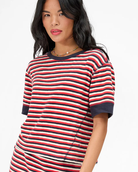 Clare V Le Bateau Navy Cherry Red Cream Stripe Tee - Front View Showing Bold Stripe Pattern and Ribbed Crew Neckline