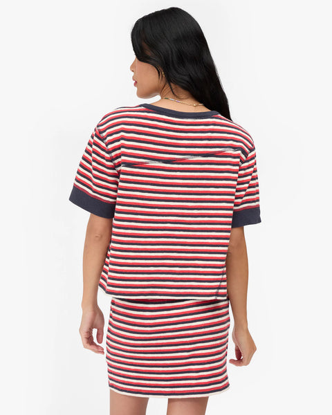 Clare V Le Bateau Stripe Tee - Side View Highlighting Slightly Cropped Silhouette and Contrast Solid Ribbed Cuff
