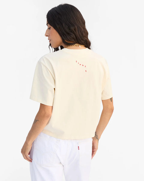 Clare V Le Carré Tee in Cream Pourquoi Pas – boxy cropped 100% cotton tee with bold red Pourquoi Pas wordmark, made in Portugal