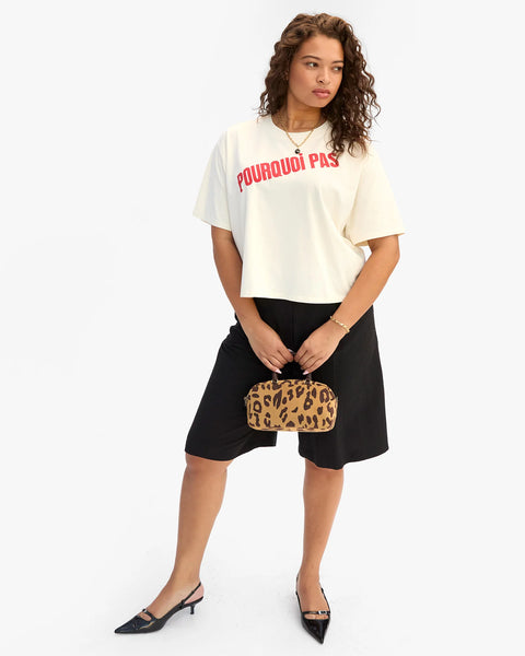 Clare V Le Carré Tee in Cream Pourquoi Pas – boxy cropped 100% cotton tee with bold red Pourquoi Pas wordmark, made in Portugal