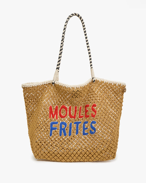 Clare V L'ete Tote Tan Moules Frites - Front View of Open Top Crochet Cotton Rope Summer Bag
