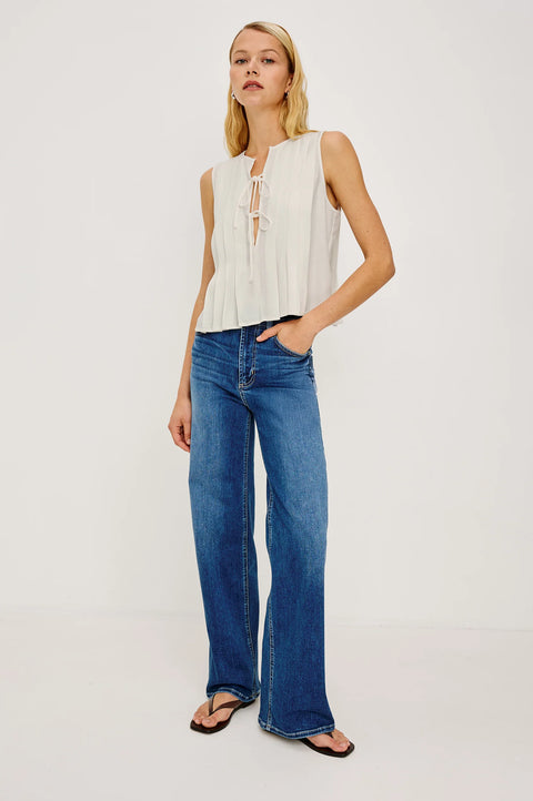 Ivory sleeveless tank top linen blend full outfit with jeans