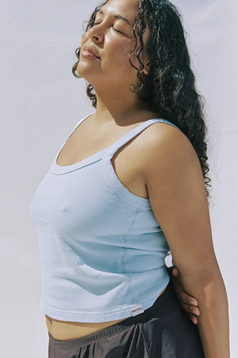 Merge Hemp Breeze Tank in Mineral Blue, reversible and supportive cotton and hemp blend tank top 
