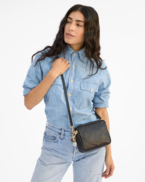 classic rectangular shaped bag in structured pebbled leather. Dimensions: 7.5" width x 5.5" height x 2.5" depth
