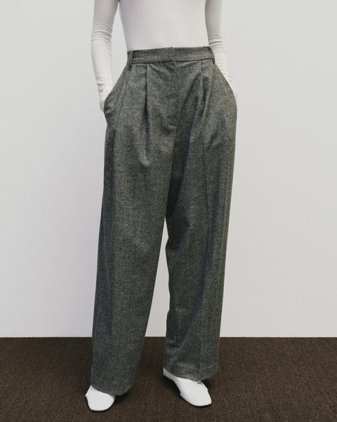 High waisted grey trouser pant in a wool blend. Pleats on the front, and side seam pockets. Mijeong Park Wool Blend Wide-Leg Pant in Grey
