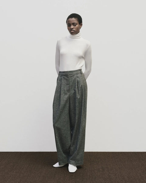 High waisted grey trouser pant in a wool blend. Pleats on the front, and side seam pockets. Mijeong Park Wool Blend Wide-Leg Pant in Grey
