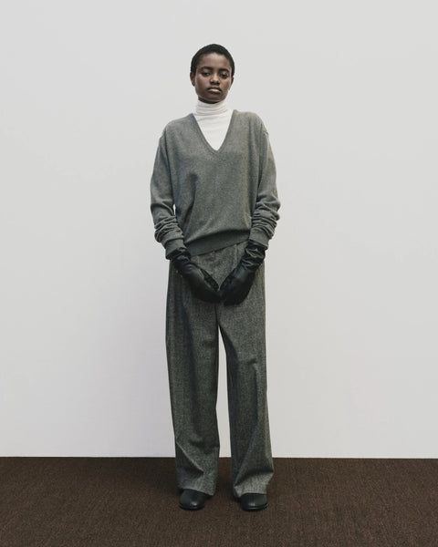 High waisted grey trouser pant in a wool blend. Pleats on the front, and side seam pockets. Mijeong Park Wool Blend Wide-Leg Pant in Grey
