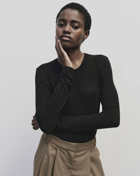 Wool blend sweater knit top for women, soft and light fabric. Tighter fit wit wide neckline, in black by Mijeong Park
