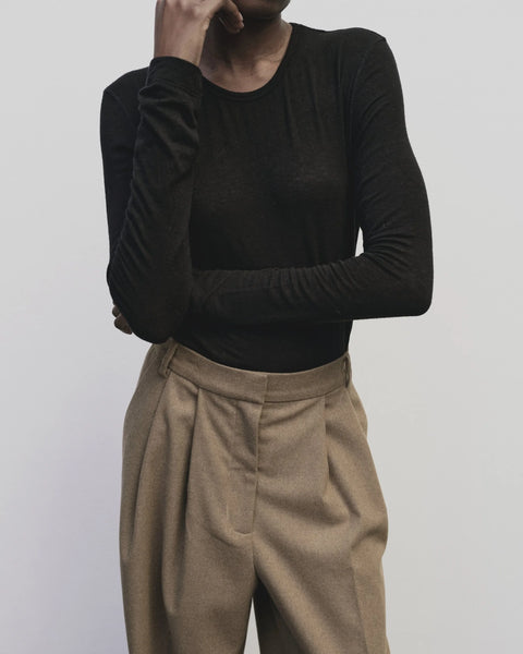 Wool blend sweater knit top for women, soft and light fabric. Tighter fit wit wide neckline, in black by Mijeong Park
