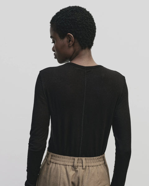Wool blend sweater knit top for women, soft and light fabric. Tighter fit wit wide neckline, in black by Mijeong Park
