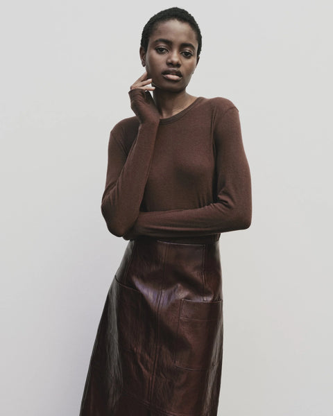 Wool blend sweater knit top for women, soft and light fabric. Tighter fit wit wide neckline, in brown by Mijeong Park
