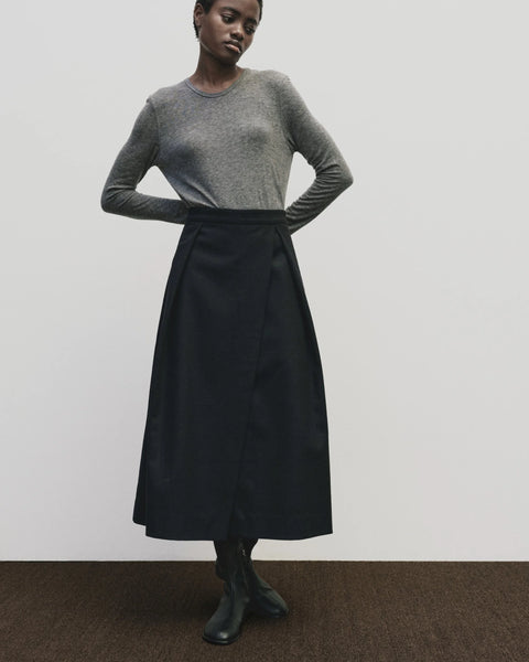 Wool blend sweater knit top for women, soft and light fabric. Tighter fit wit wide neckline, in grey by Mijeong Park
