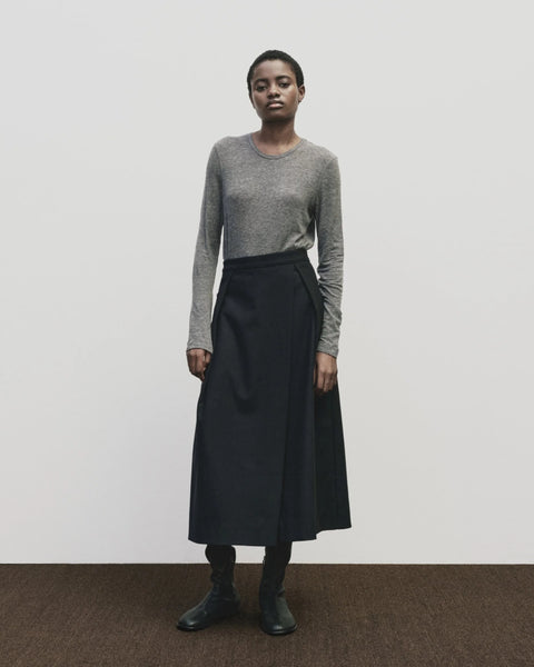 Wool blend sweater knit top for women, soft and light fabric. Tighter fit wit wide neckline, in grey by Mijeong Park
