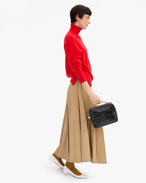 Clare V Mirabel Crossbody in Black Croco – styled outfit flat lay, 100% Italian leather everyday bag
