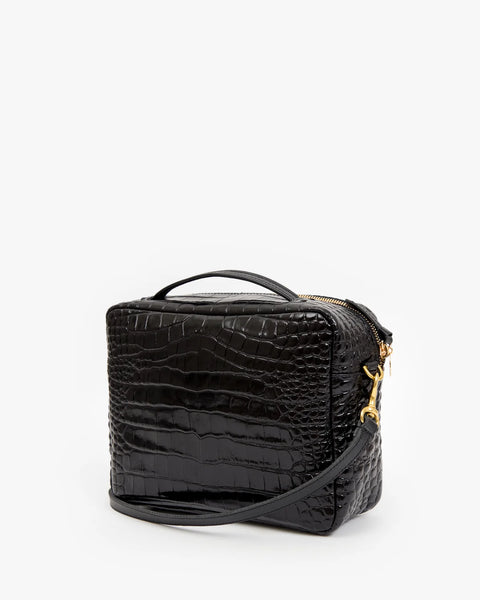 Clare V Mirabel Crossbody Black Croco – back view showing exterior back pocket and shoulder strap attachment