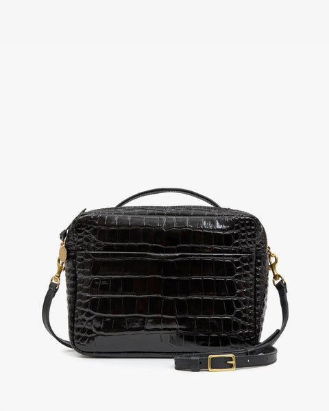 Clare V Mirabel Black Embossed Croco leather crossbody bag – front view showing croco texture and turnlock detail
