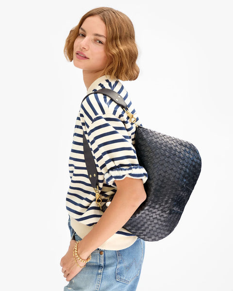Clare V Moyen Messenger Twilight Navy Woven - back view showing diagonal woven leather texture and strap attachment