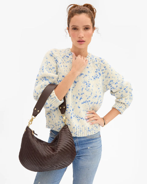 Clare V Moyen Messenger Woven Chocolate – lifestyle shot showing capacity for iPad and daily essentials