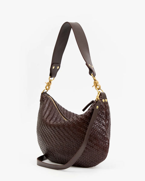 Clare V Moyen Messenger Chocolate Woven Zig-Zag – back view showing woven leather texture and exterior detail