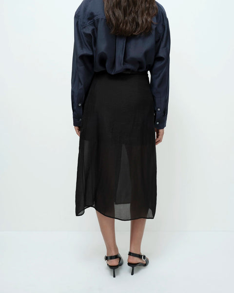 Black organza wrap skirt side view midi length flowy fit