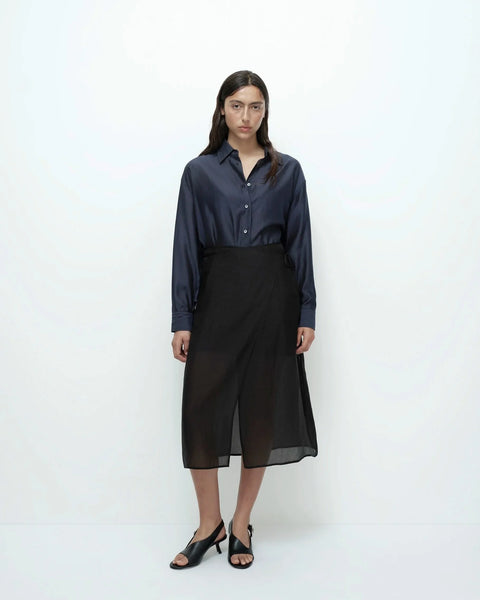 Black organza midi skirt front view layered sheer fabric