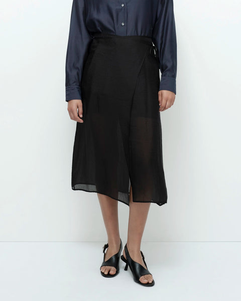 Black organza wrap skirt midi length front view sheer overlay model