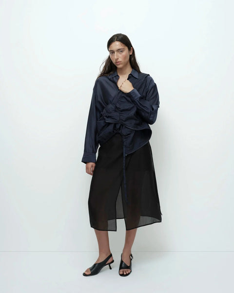 Black organza midi skirt full length front view elegant silhouette