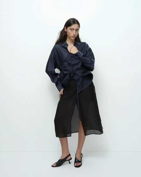 Black organza wrap skirt full outfit styled with blouse midi length