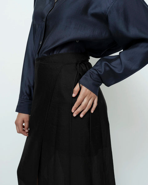 Black organza wrap skirt close up waist tie adjustable strap detail