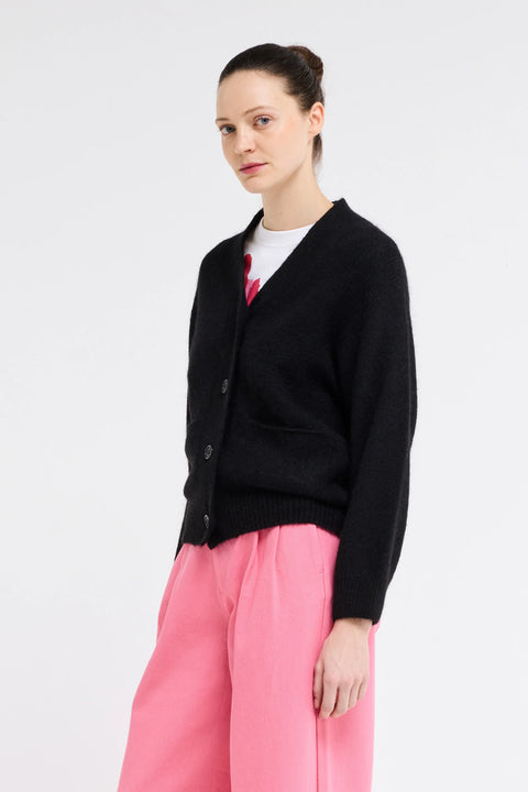 V neck cardigan in black, made by Our Sister. Wool Cardigan, womens. 4 button, relaxed fit. 
