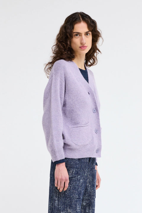 V neck cardigan in light purple, made by Our Sister. Wool Cardigan, womens. 4 button, relaxed fit. 
