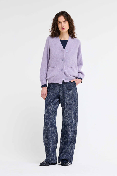 V neck cardigan in light purple, made by Our Sister. Wool Cardigan, womens. 4 button, relaxed fit. 
