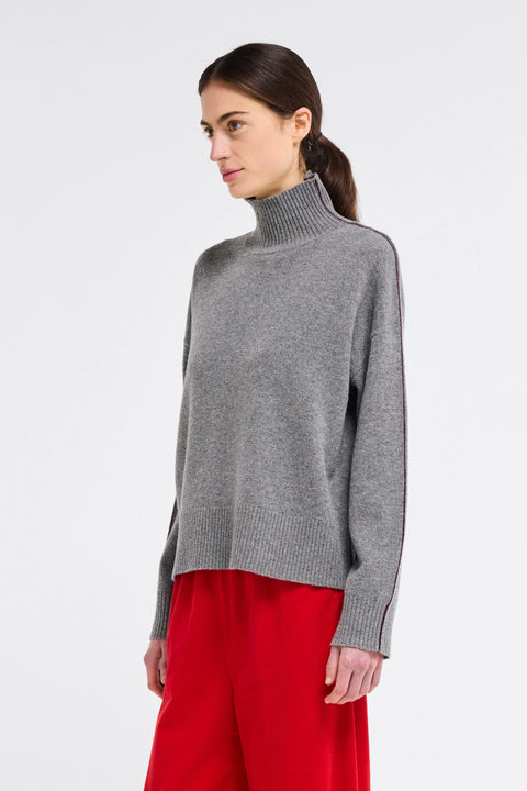 High neck, turtle neck sweater with ribbed fabric, made of 100% wool. Knit sweater women, piping down arm. Made by Our Sister 
