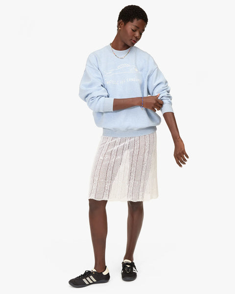 Clare V Liberez Les Sardines Sweatshirt Heather Blue - Front View Showing Graphic Slogan and Relaxed Oversized Fit