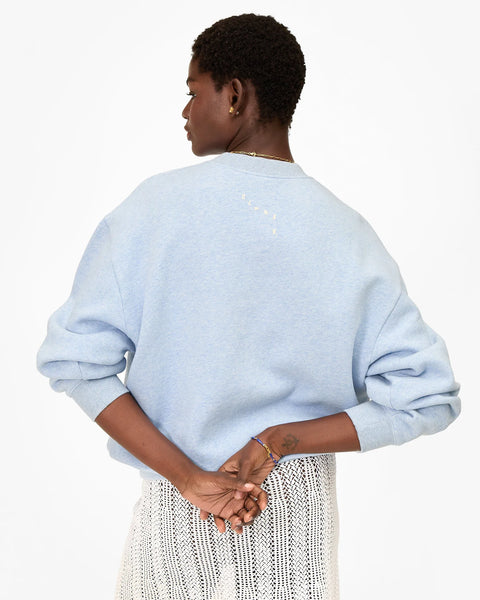 Clare V Heather Blue Sweatshirt Liberez Les Sardines - Back View of Women's Oversized Cotton Sweatshirt Made in Portugal