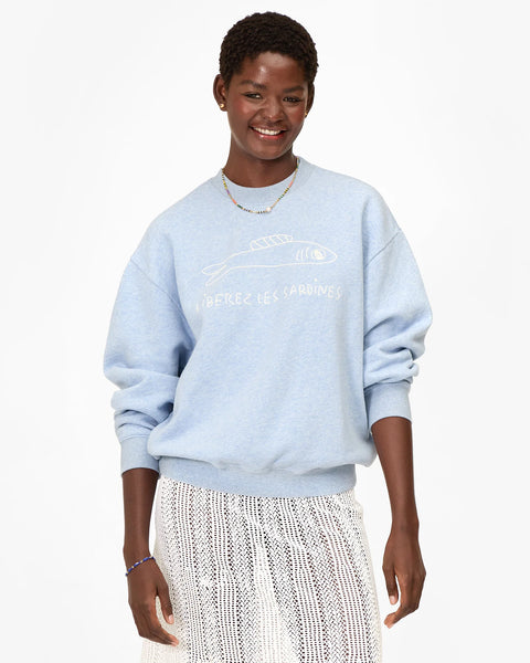 Clare V Liberez Les Sardines Heather Blue - Close-Up of Graphic Slogan Print on Soft 100% Cotton Sweatshirt Fabric