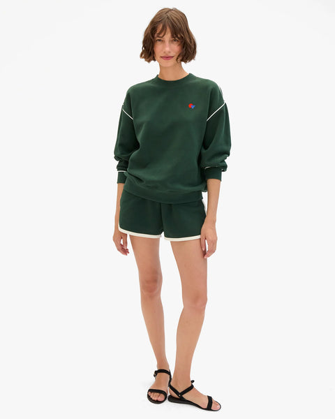 Clare V forest green Le Jogging Short styled with matching sweatshirt – co-ord lounge set bottoms