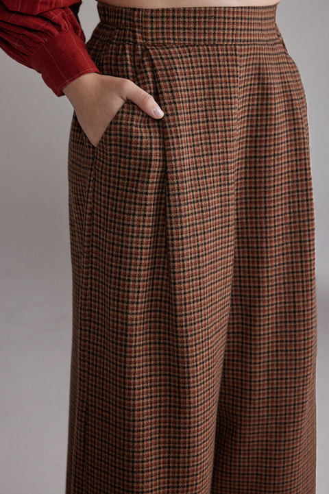 Amente Brown Black Plaid Wide Pants - Front View Showing Bold Plaid Pattern, Pleated Front and High Waist