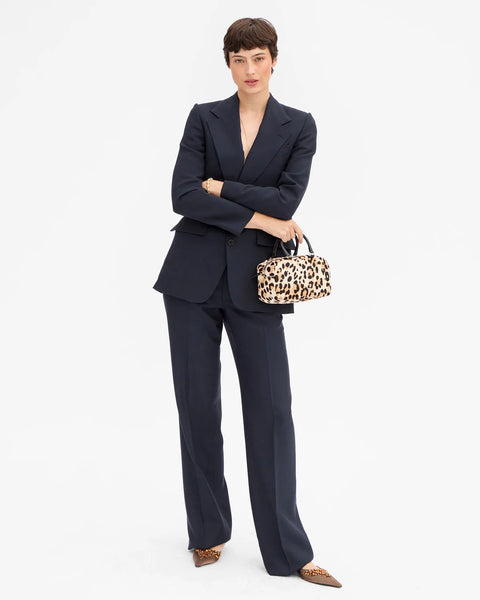 Clare V Petite Claudine Snow Leopard - top handle carry view, structured compact everyday bag