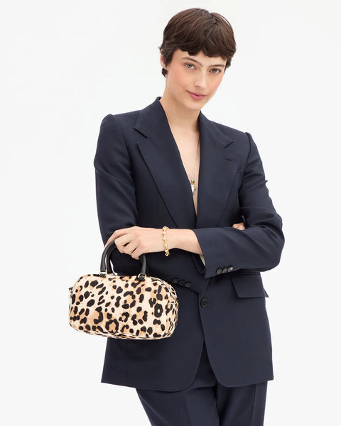 Clare V Petite Claudine Snow Leopard - back view with detachable crossbody strap and top handle