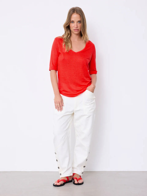 Notshy Romana V Neck Tee in Tomato – relaxed fit 100% linen v-neck tee with elbow-length rolled sleeves in a rich tomato red