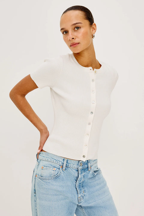 Ivory ribbed knit short sleeve top angled front view fitted style