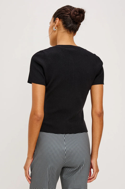 Black ribbed knit short sleeve top back view fitted silhouette