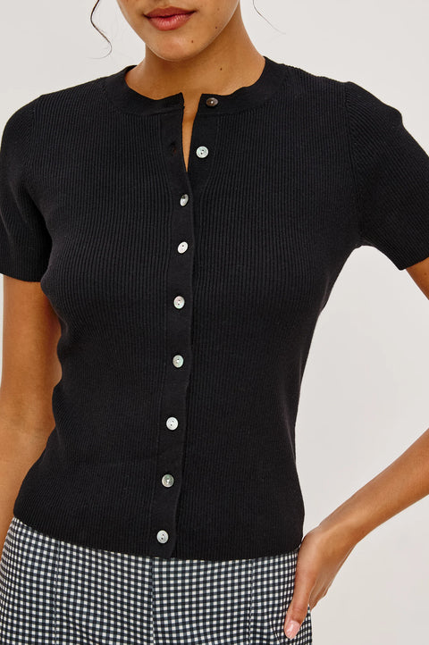 Black ribbed knit top close up front button detail crewneck.