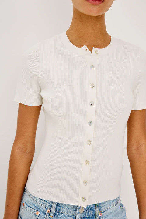 Ivory ribbed knit top close up front button detail crewneck