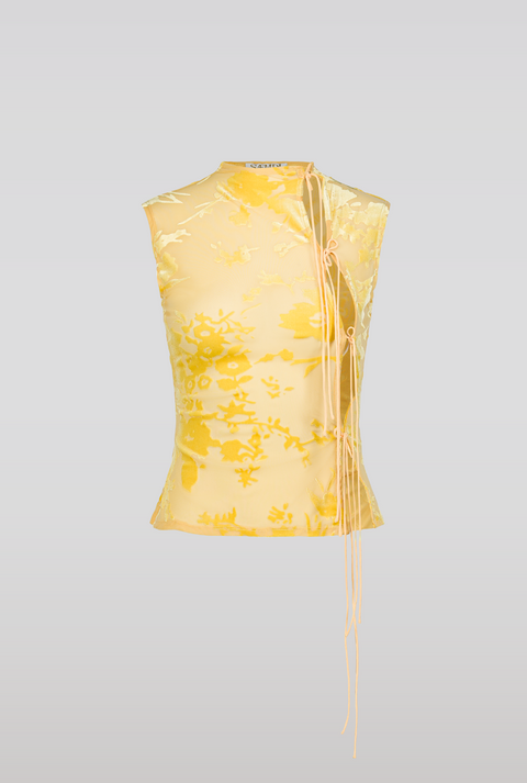floral-velvet tie up tank in yellow with a floral print design, tie detailing and hook eye closure to ensure fit, mock neck and is hip length  

