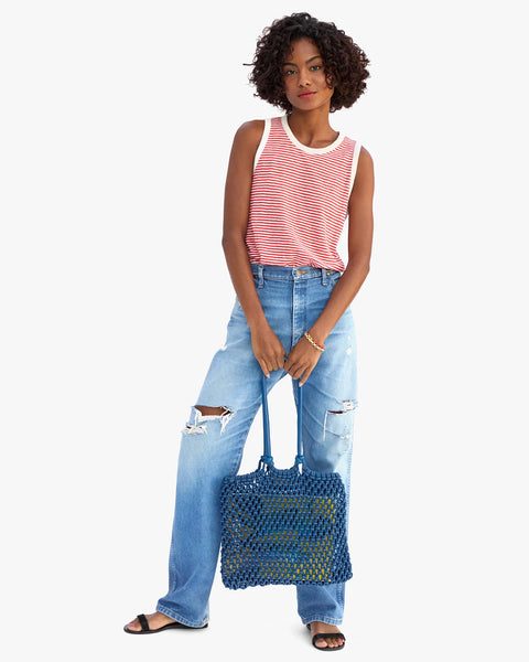 Clare V. Clare V Camp Fit Tank in Bright Poppy with Cream Mini Stripe: features cotton, linen